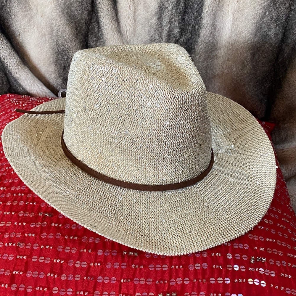 Designer Sparkling Nude Color Nude Sequins Cowboy Hat Adjustable Rim Interior - Picture 15 of 16